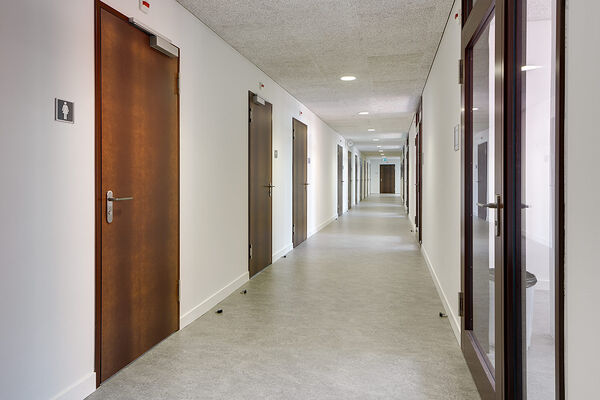<p><strong>Porte avec huisserie EI30</strong><br />Huisserie métallique EI30, 1 vantail huisserie métallique, l’ensemble affleuré avec paumelles, revêtement enstratifié imitation bois.</p>