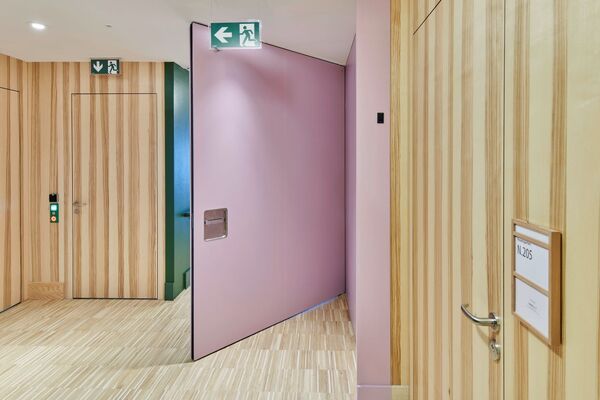 <p><strong>Porte coupe-feu à pivot EI30</strong><br />Porte de compartimentage à l’état ouvert, fermeture automatique pilotée par système de détection d’incendie.</p>